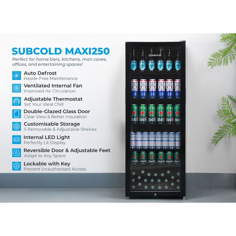 Beverage & Wine Cooler Maxi 250 Tall LED Drinks Fridge - Black