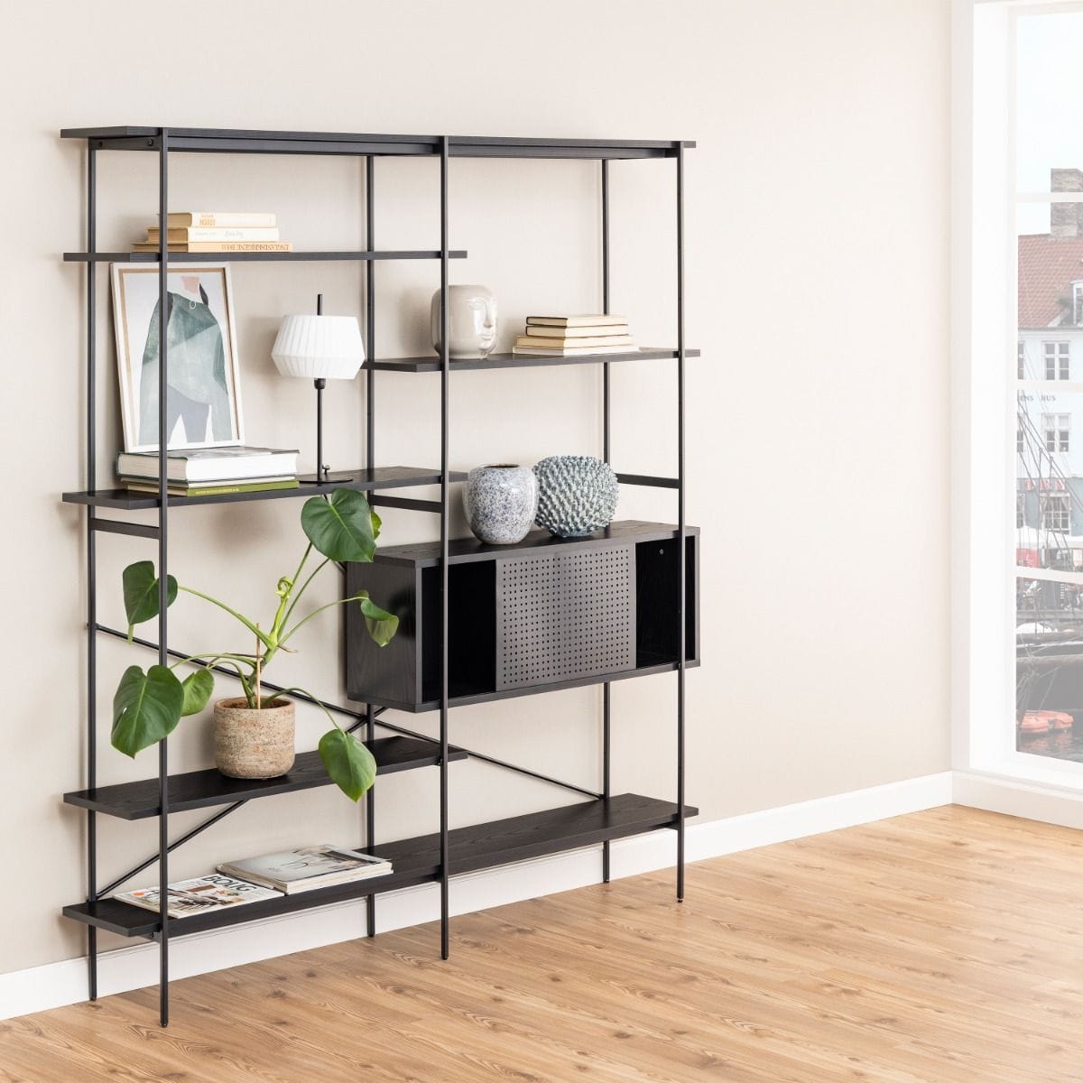 Bookcase Angus Bookcase with 1 Sliding Door & 5 Shelves in Black