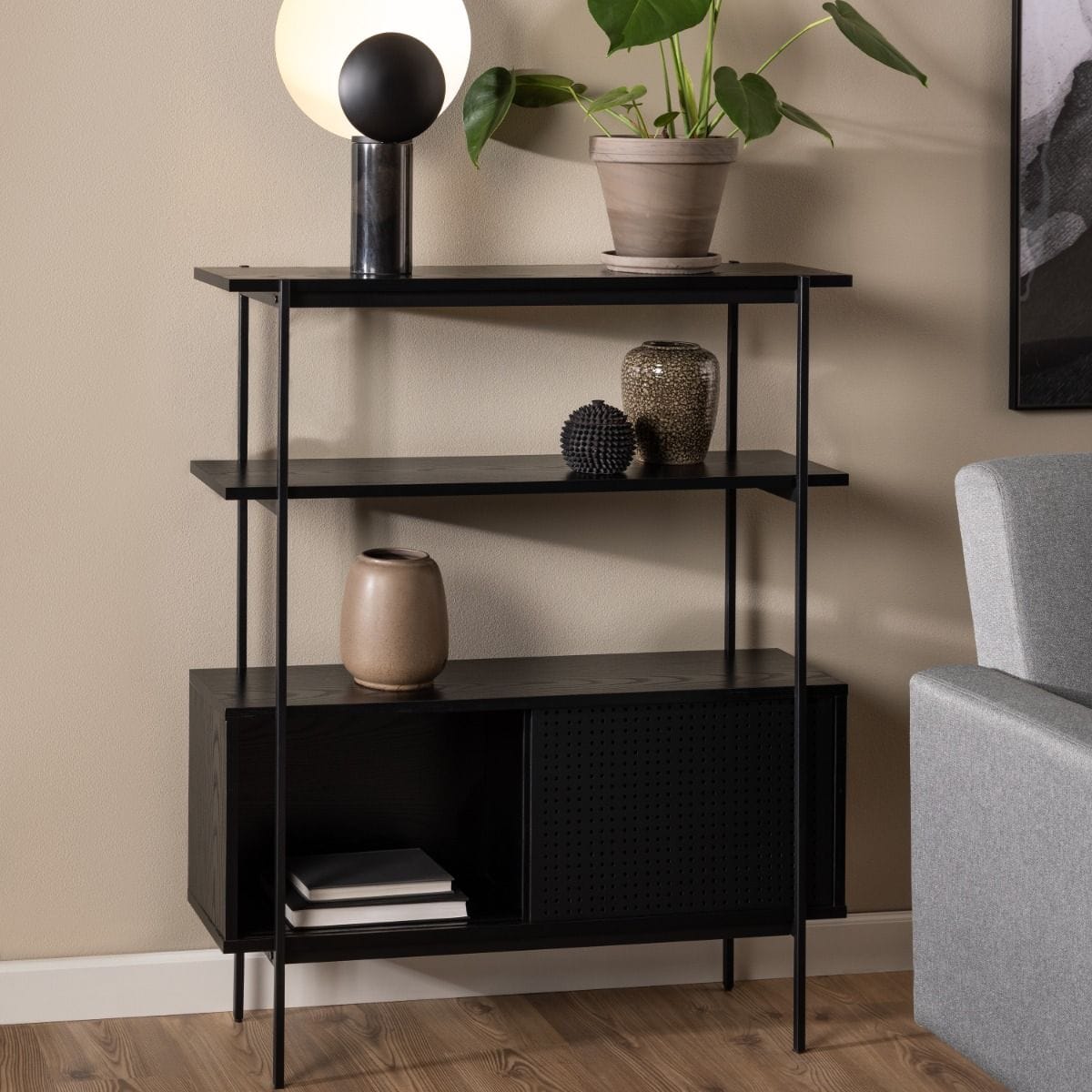 Bookcase Angus Small Bookcase with 2 Sliding Doors in Black