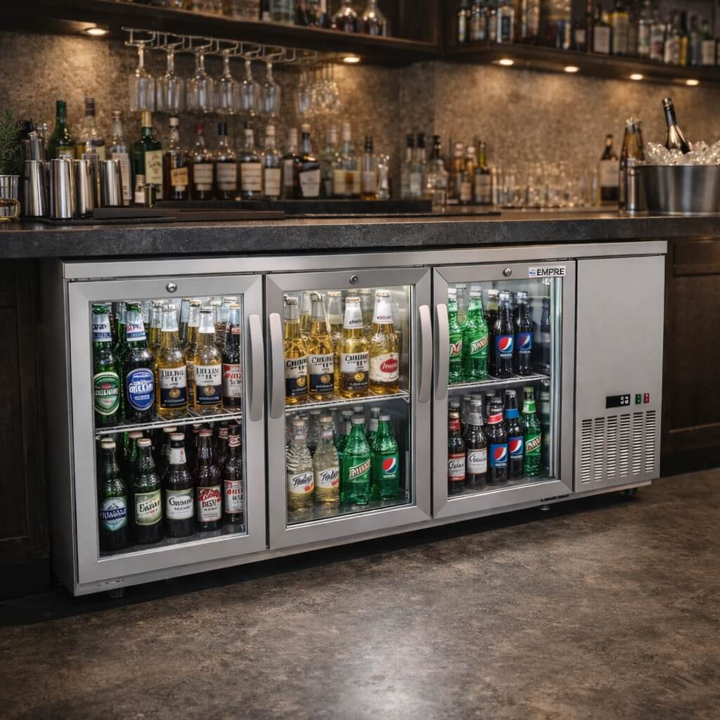 Empire High Capacity Stainless Steel Triple Door Bottle Cooler Hinged Undercounter Low Height Side Cooling