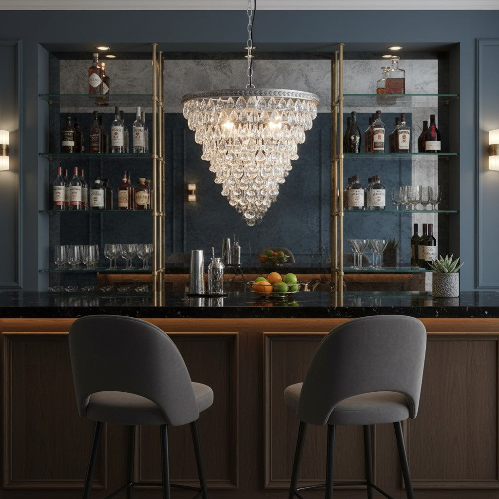 Clear Crystals Large Brushed Silver Finish Rainfall Chandelier w/ Clear Crystals