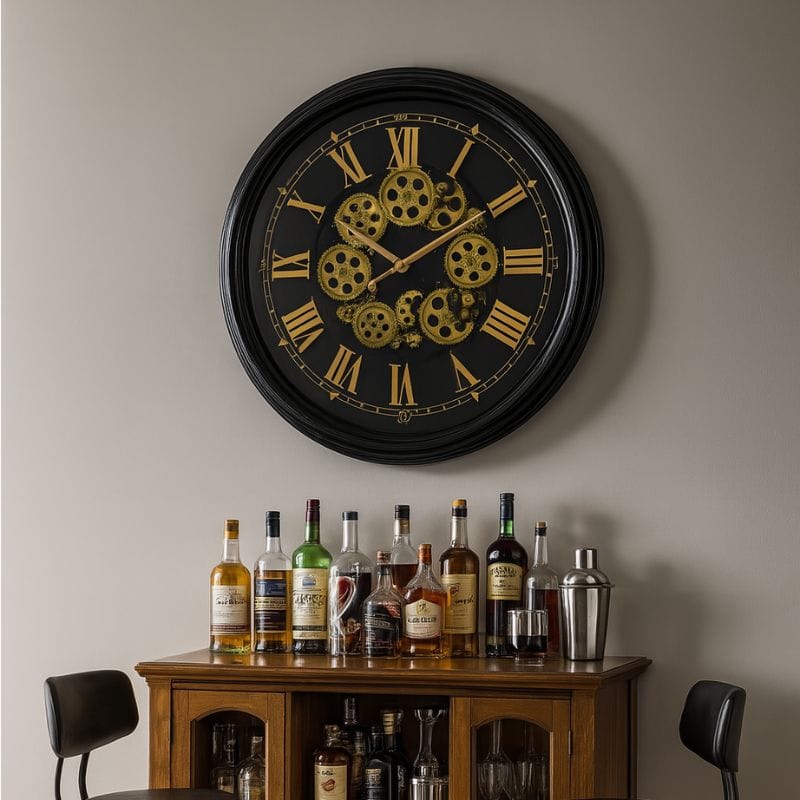 Clock Black and Gold Large Moving Gears Clock
