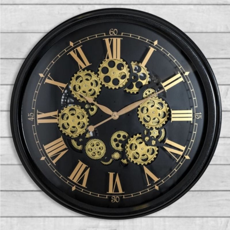 Clock Black and Gold Large Moving Gears Clock