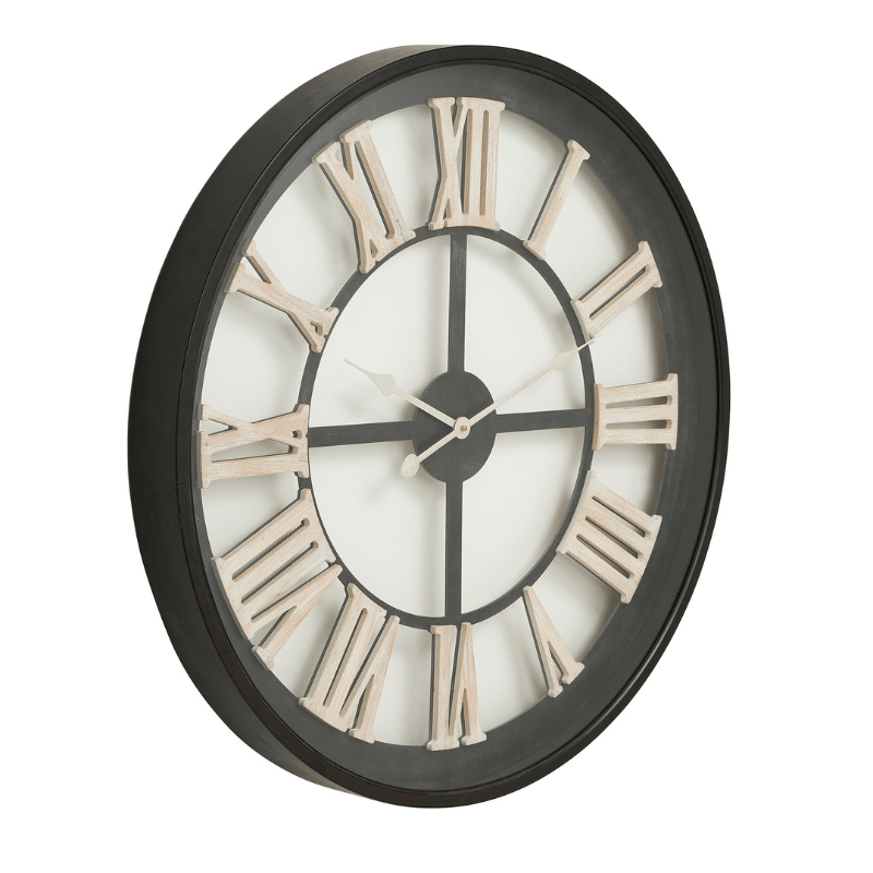 Clock Black Framed Skeleton Clock With White Roman Numerals