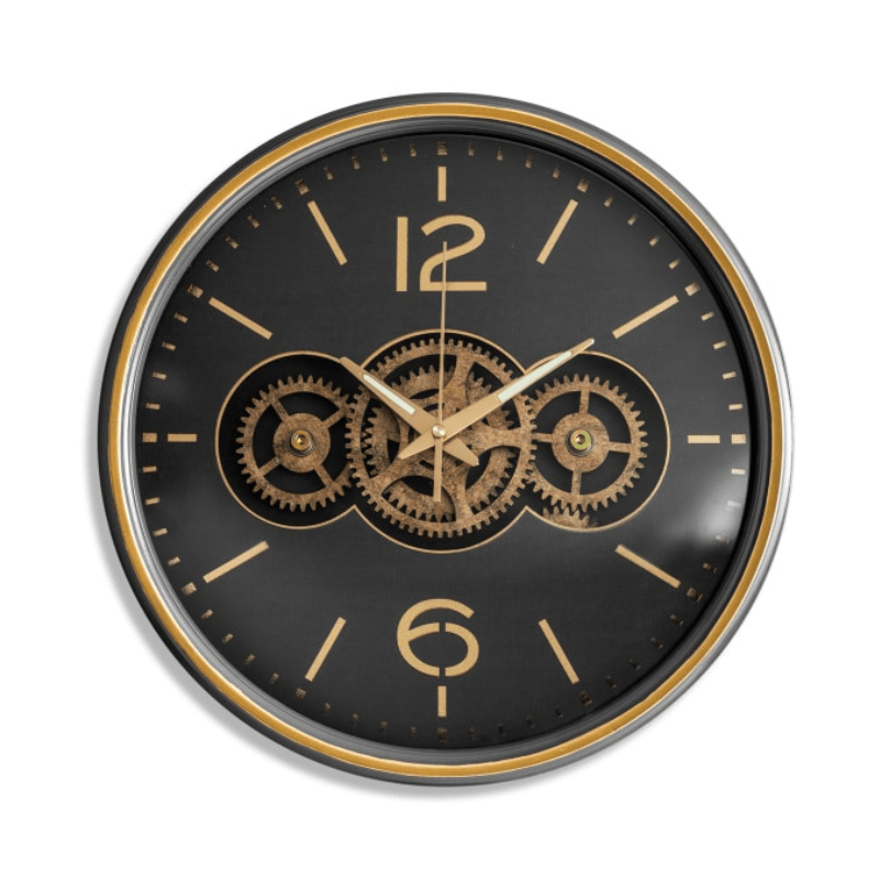 Clock Black with Gold Numerals Moving Gears Clock