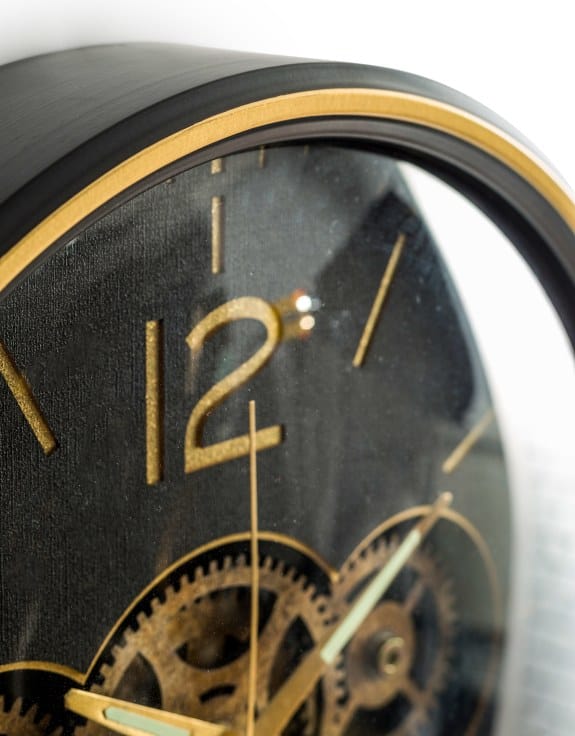 Clock Black with Gold Numerals Moving Gears Clock
