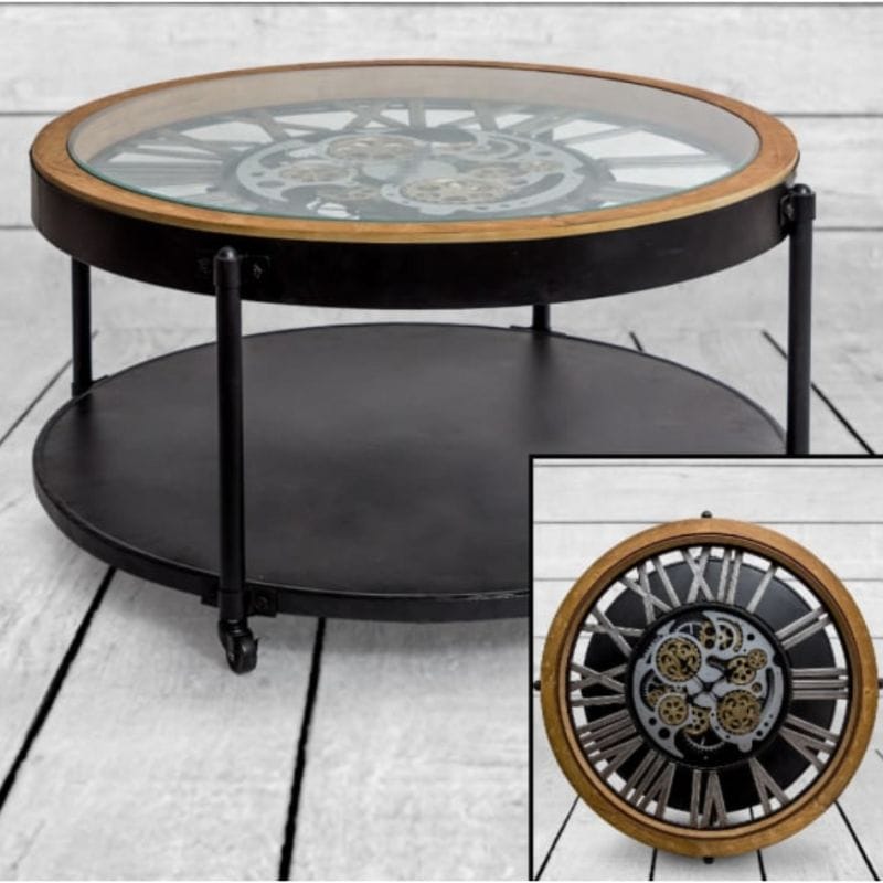 Clock Coffee Table Industrial Wood and Iron Moving Gears Clock Coffee Table