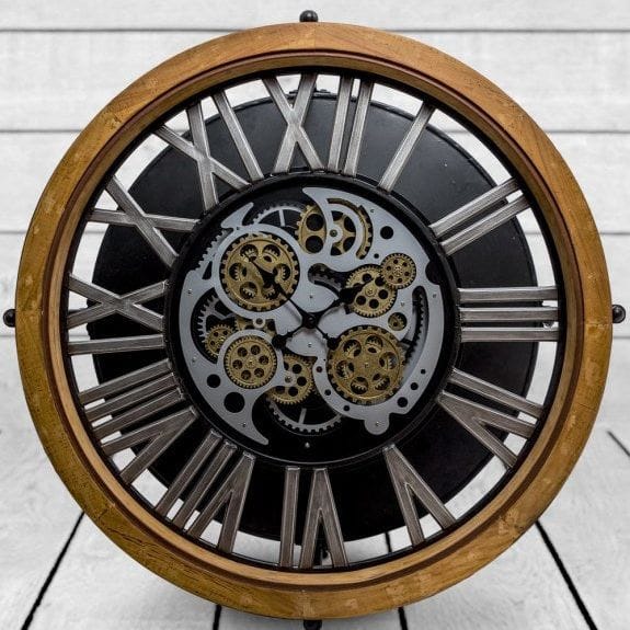 Clock Coffee Table Industrial Wood and Iron Moving Gears Clock Coffee Table
