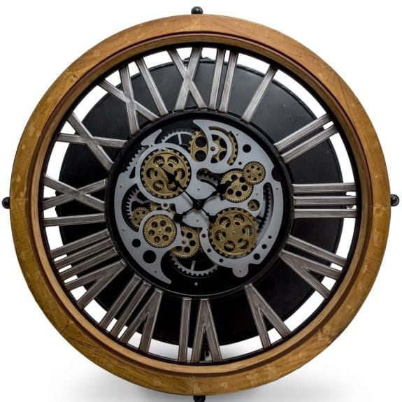 Clock Coffee Table Industrial Wood and Iron Moving Gears Clock Coffee Table