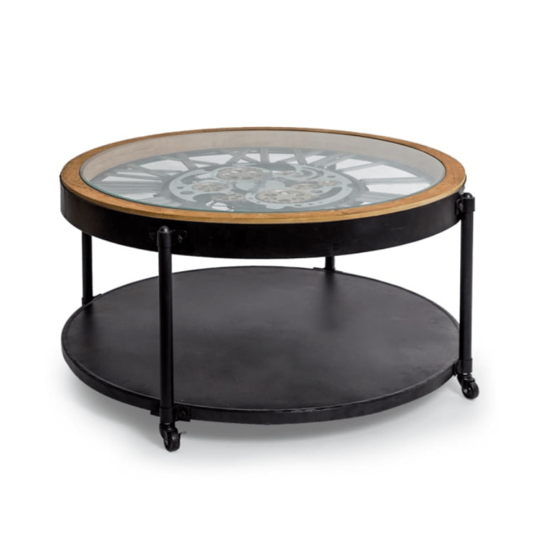 Clock Coffee Table Industrial Wood and Iron Moving Gears Clock Coffee Table