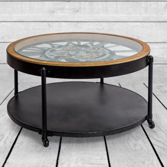 Clock Coffee Table Industrial Wood and Iron Moving Gears Clock Coffee Table
