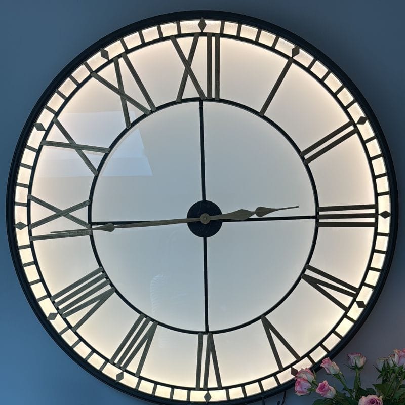 Clock Large Black and Gold Back Lit Glass "Westminster" Wall Clock