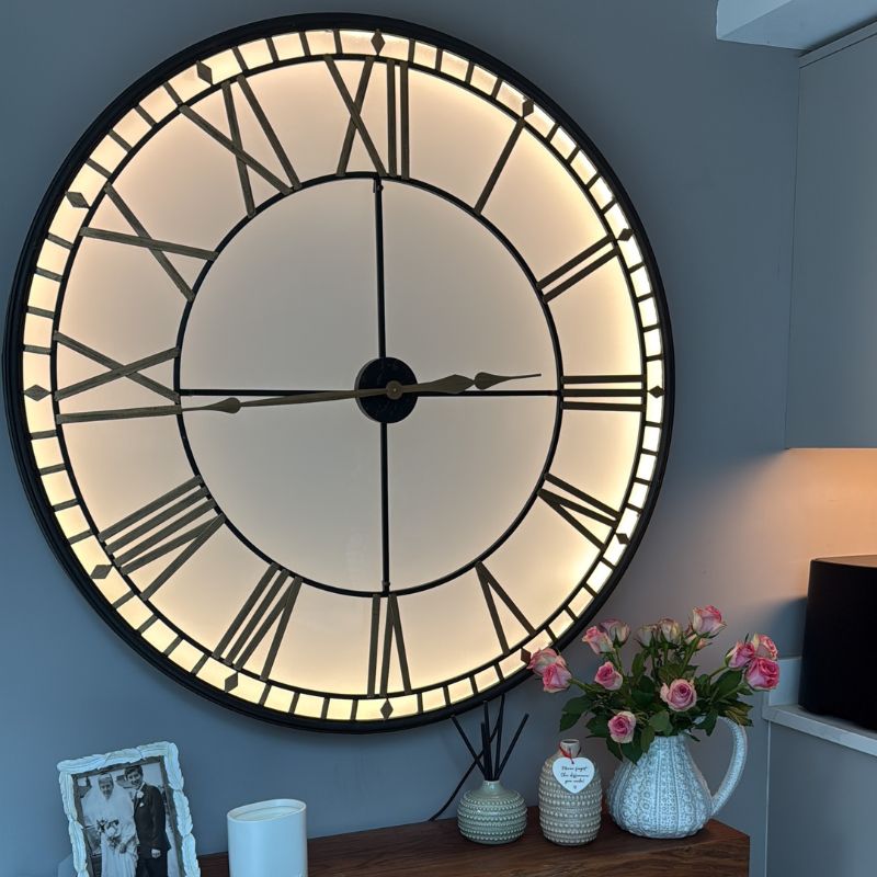 Clock Large Black and Gold Back Lit Glass "Westminster" Wall Clock