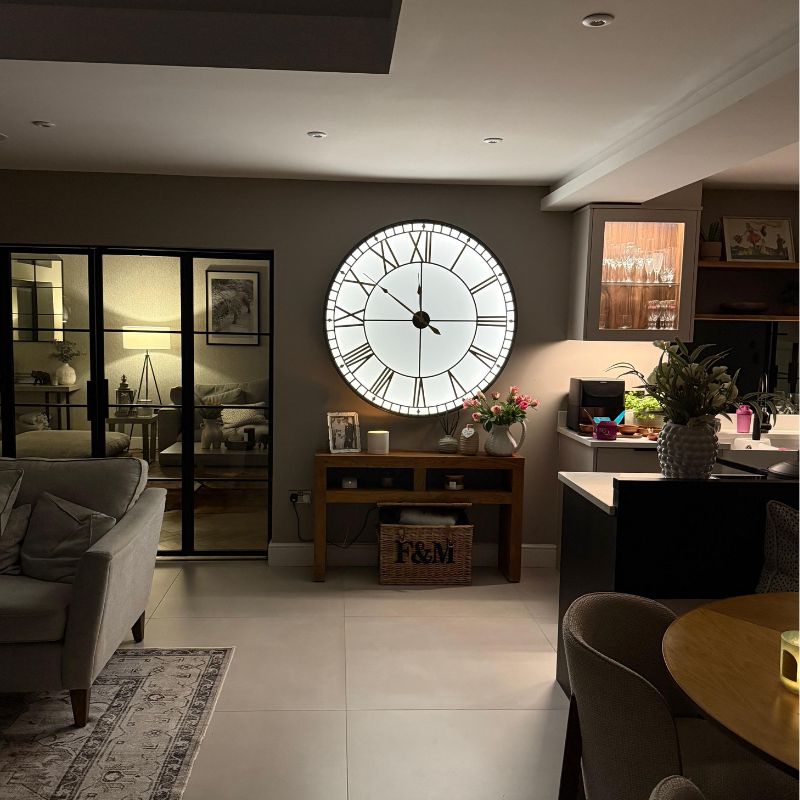 Clock Large Black and Gold Back Lit Glass "Westminster" Wall Clock