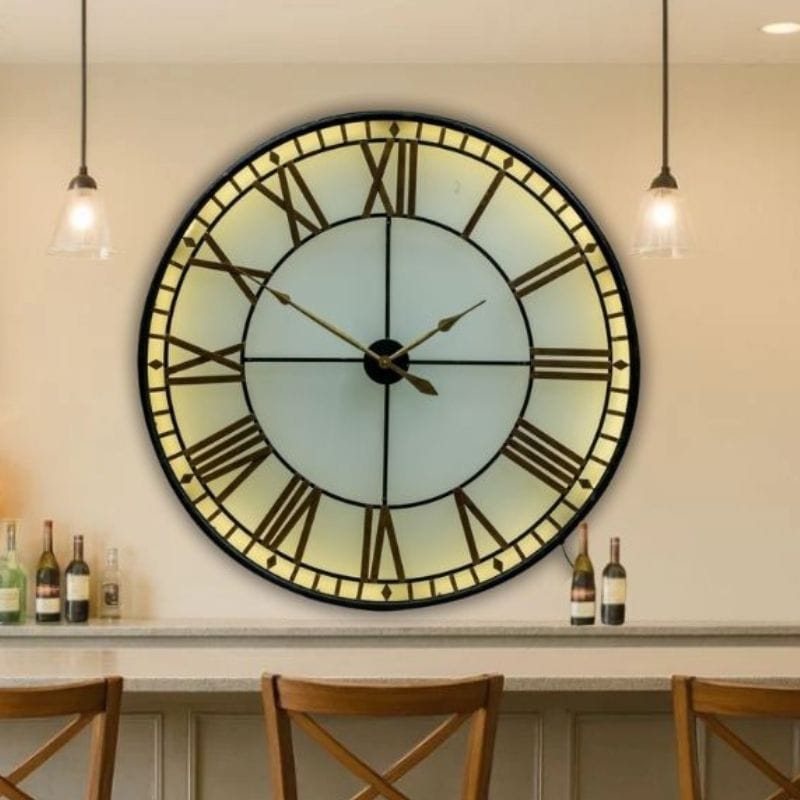 Clock Large Black and Gold Back Lit Glass "Westminster" Wall Clock