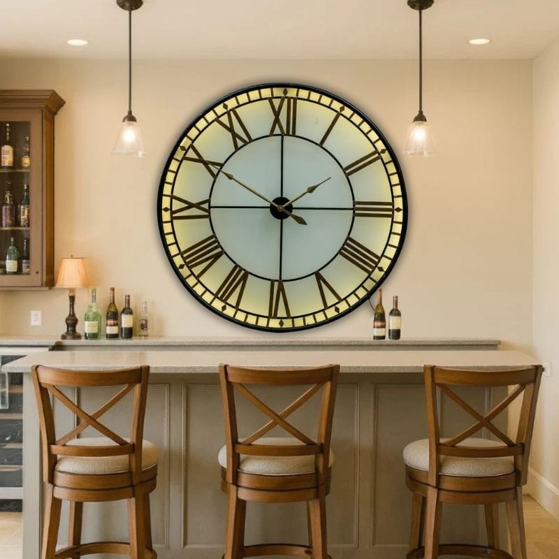 Clock Large Black and Gold Back Lit Glass "Westminster" Wall Clock