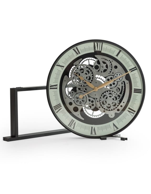 Clock Side Table Industrial Iron Moving Gears Clock Side Table