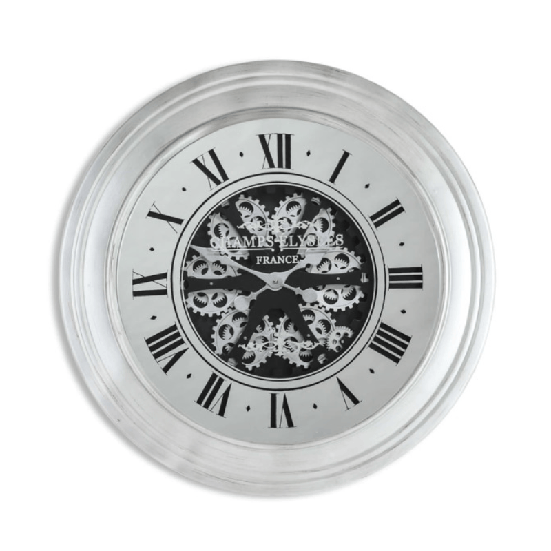 Clock Silver Mirrored Face Antique Style Moving Gears Clock