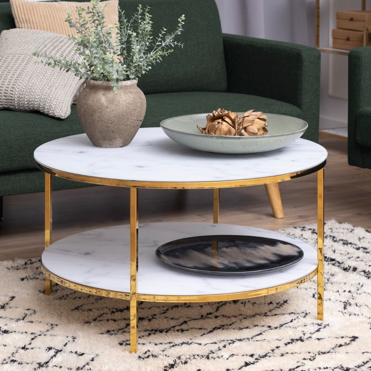 Coffee Table Alisma Round Coffee Table with White Crystal Clear Marble Glass Top & Gold Legs