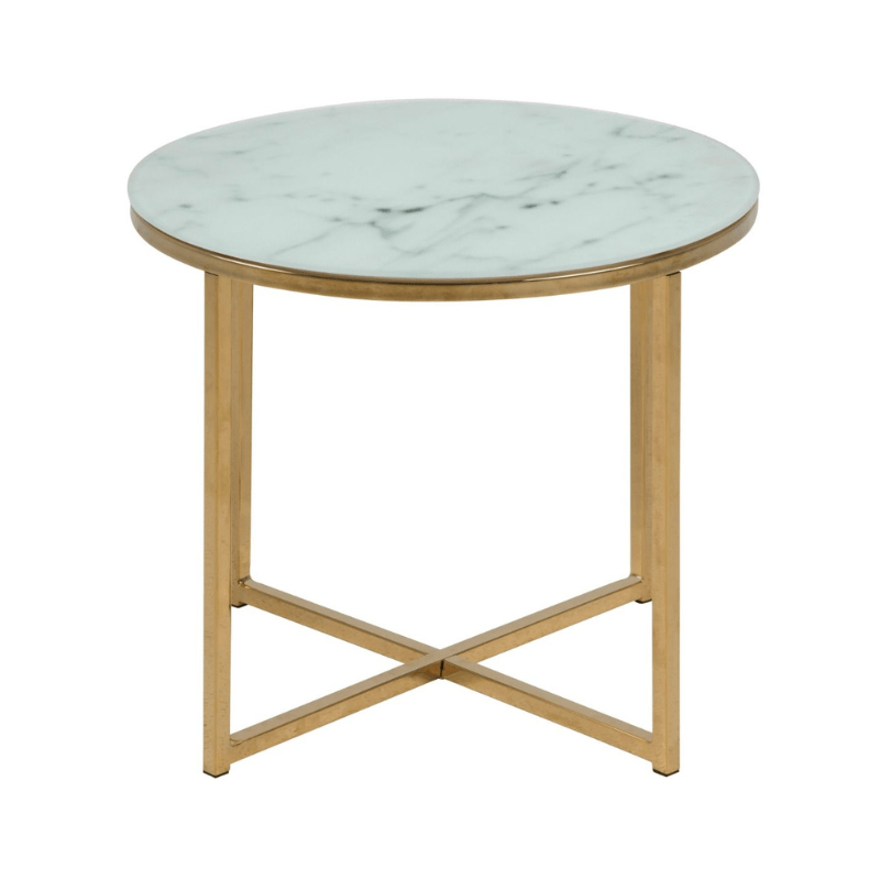 Coffee Table Alisma Round Side Table with White Crystal Clear Marble Glass Top & Gold Legs