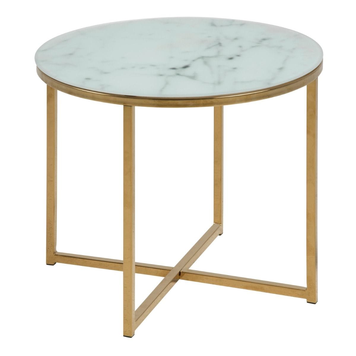 Coffee Table Alisma Round Side Table with White Crystal Clear Marble Glass Top & Gold Legs