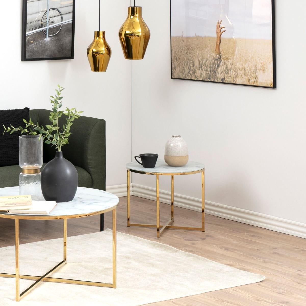 Coffee Table Alisma Round Side Table with White Crystal Clear Marble Glass Top & Gold Legs