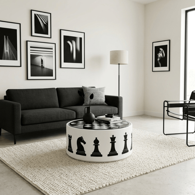 Coffee Table Chessboard Icon Upholstered Round Coffee Table
