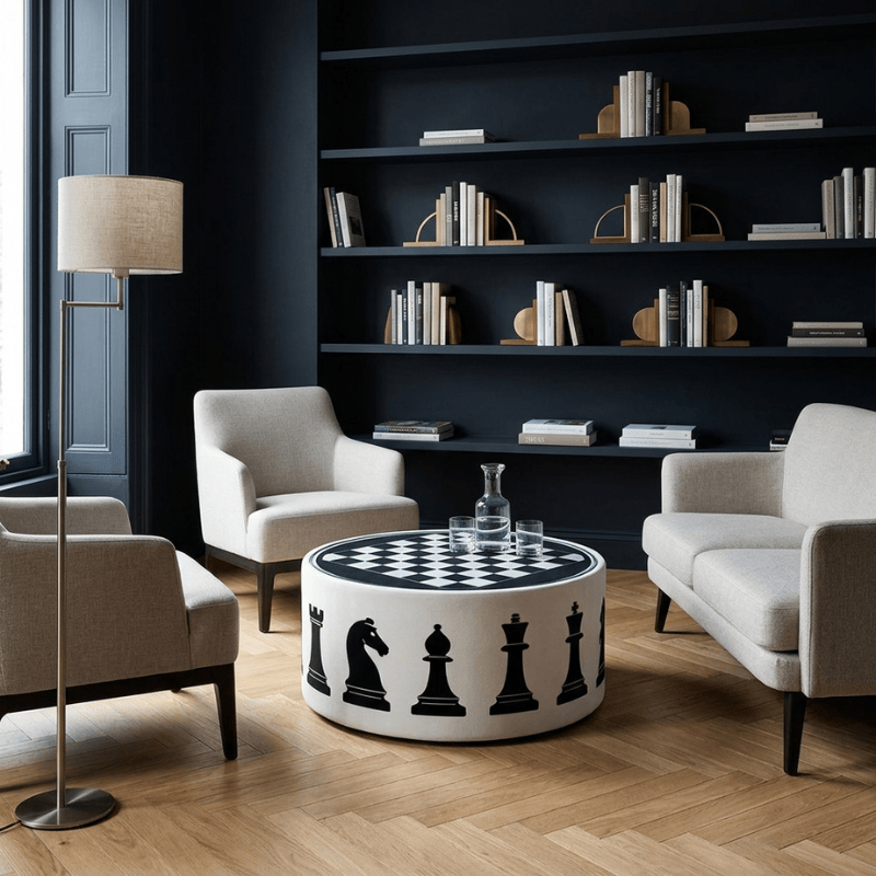 Coffee Table Chessboard Icon Upholstered Round Coffee Table