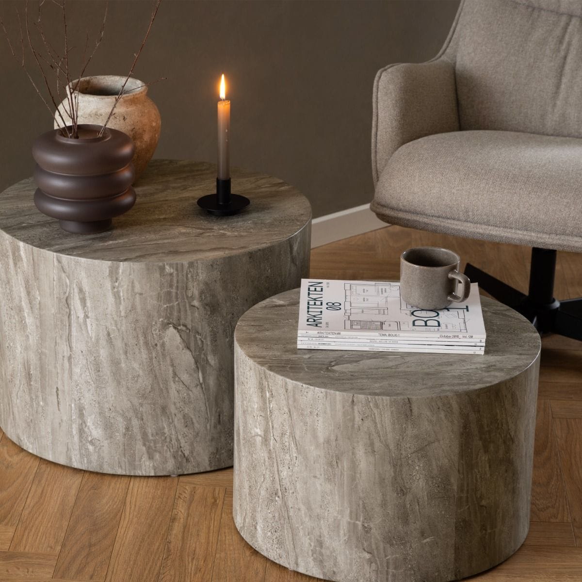Coffee Table Dice Round Coffee Table Set in Grey Marble