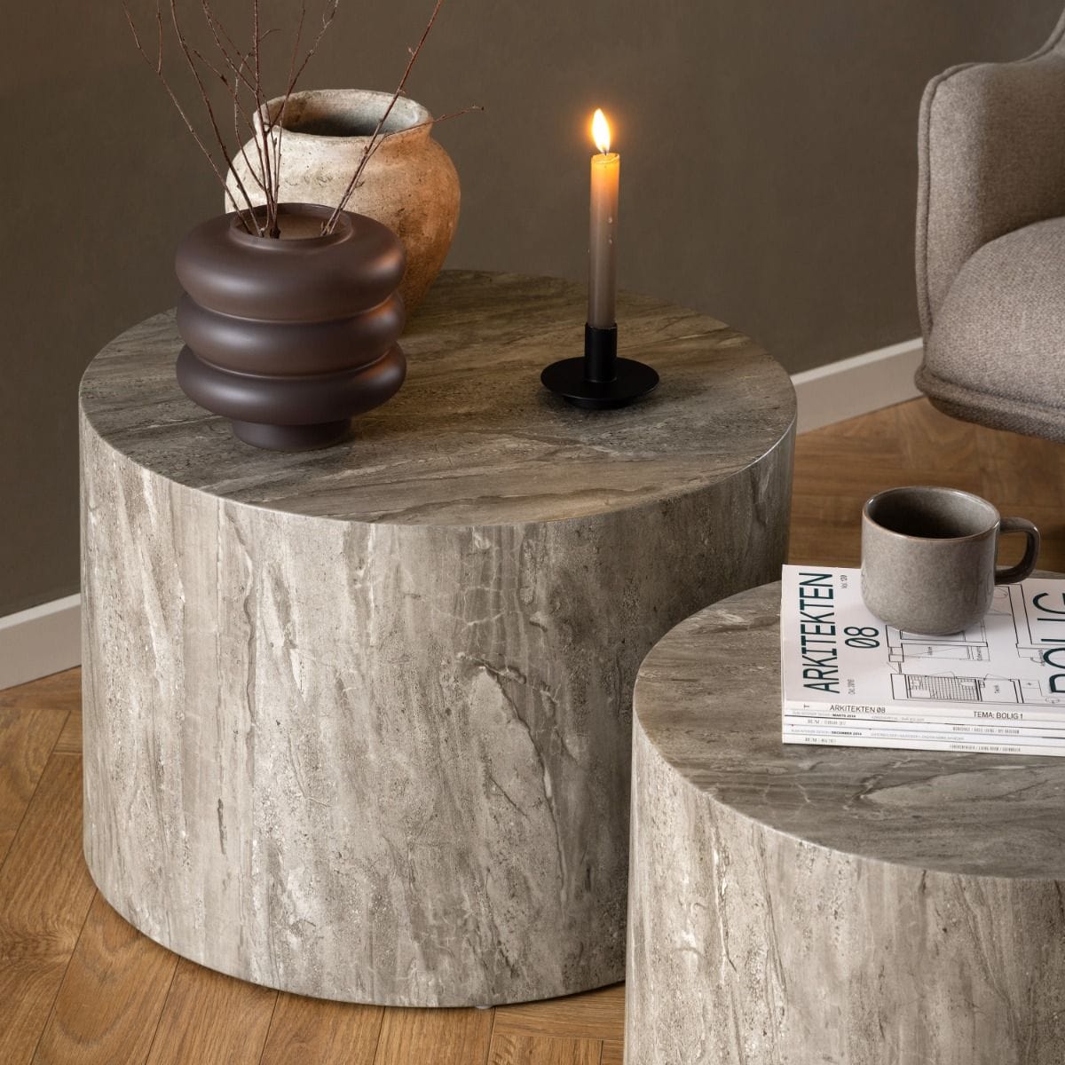 Coffee Table Dice Round Coffee Table Set in Grey Marble