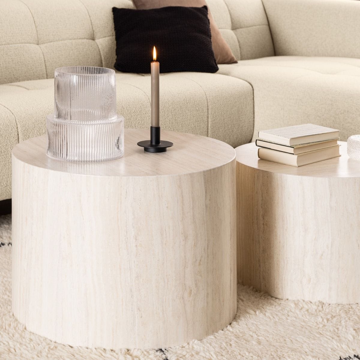 Coffee Table Dice Round Coffee Table Set in Light Travertine Effect
