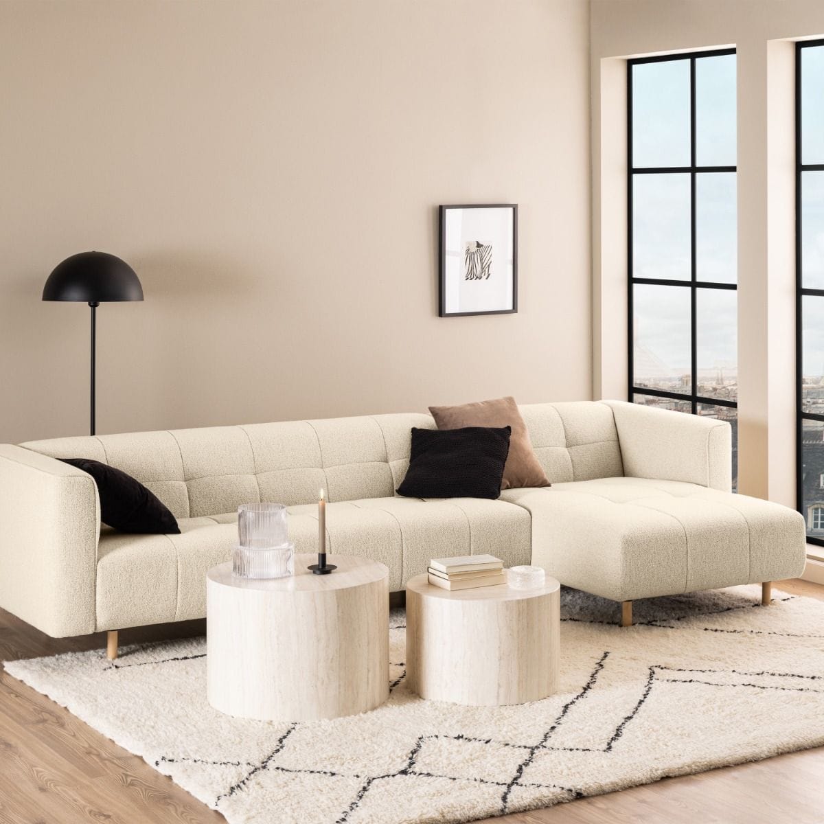 Coffee Table Dice Round Coffee Table Set in Light Travertine Effect