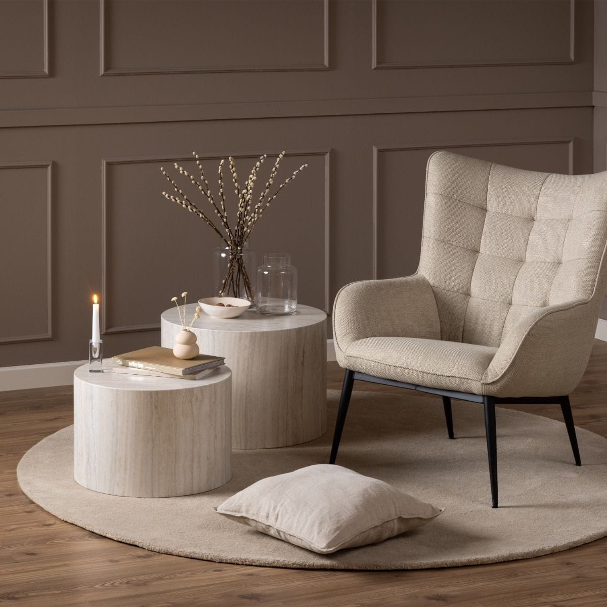 Coffee Table Dice Round Coffee Table Set in Light Travertine Effect
