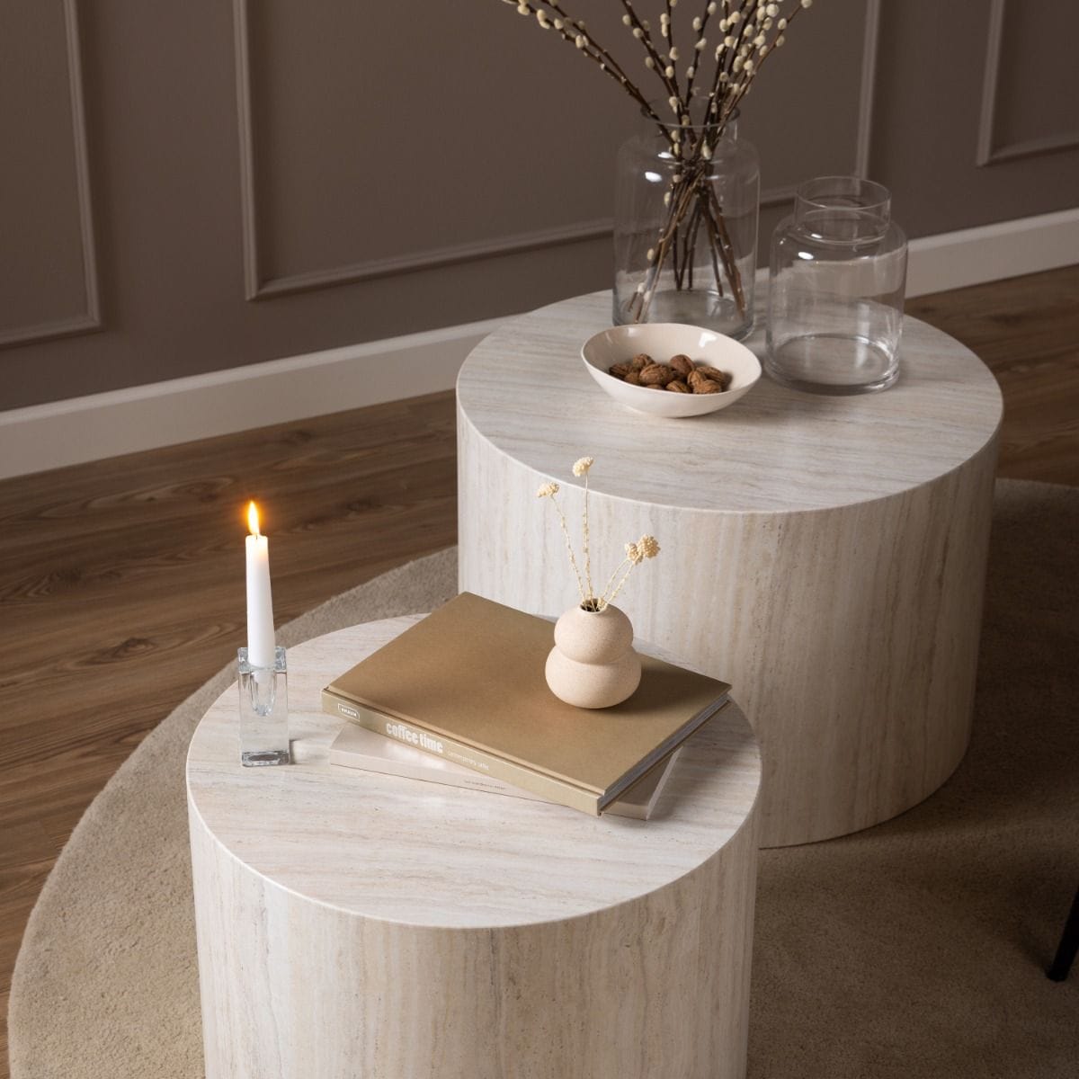Coffee Table Dice Round Coffee Table Set in Light Travertine Effect