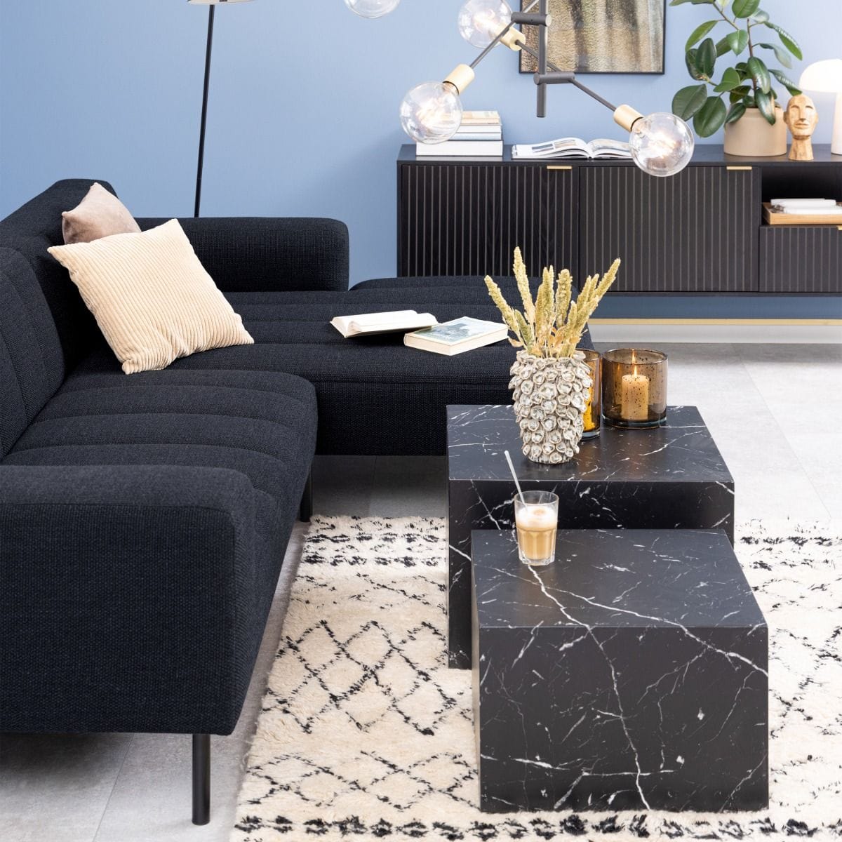 Coffee Table Dice Square Coffee Table Set in Black Marble Marquina