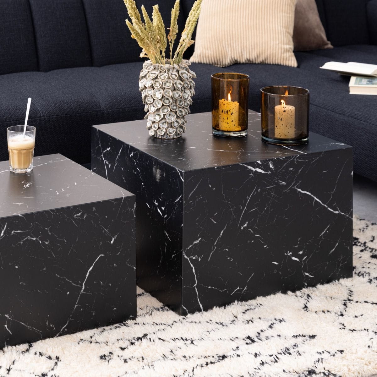 Coffee Table Dice Square Coffee Table Set in Black Marble Marquina
