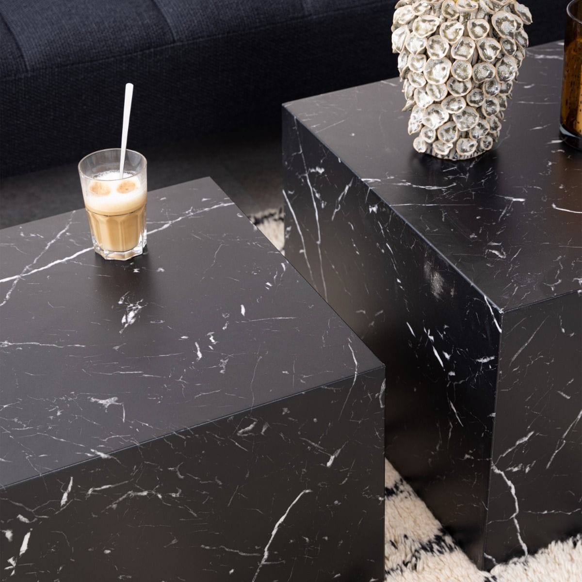 Coffee Table Dice Square Coffee Table Set in Black Marble Marquina