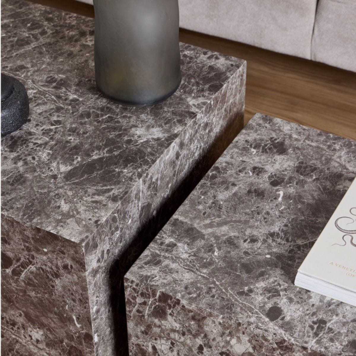 Coffee Table Dice Square Coffee Table Set in Light Brown Emperador Rough Paper