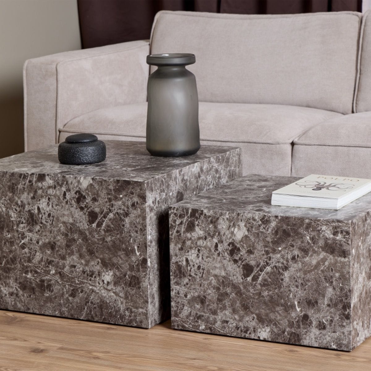 Coffee Table Dice Square Coffee Table Set in Light Brown Emperador Rough Paper