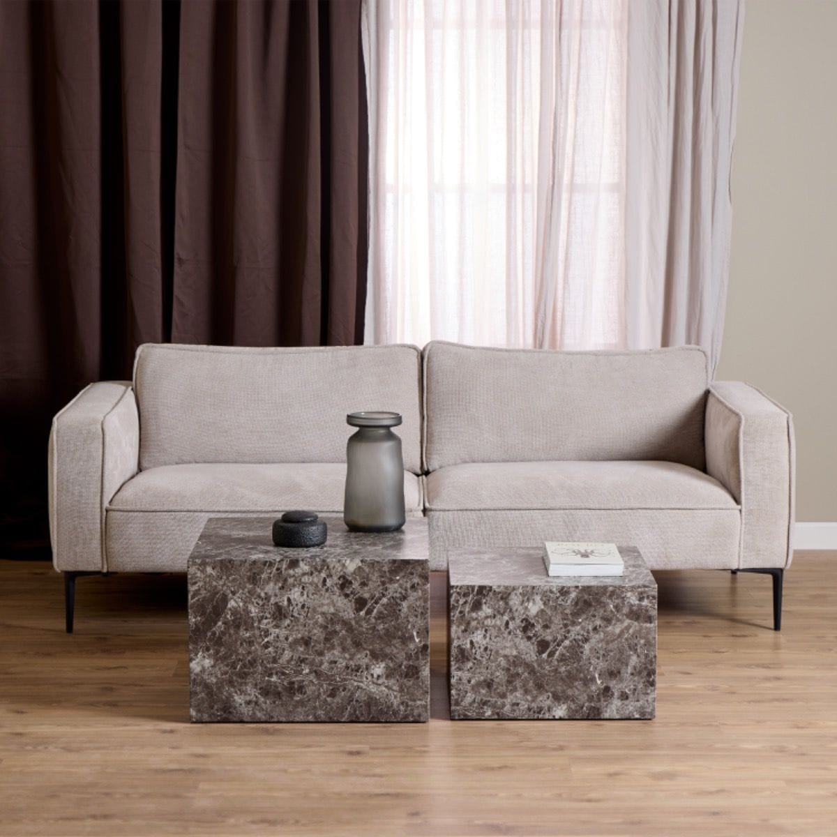 Coffee Table Dice Square Coffee Table Set in Light Brown Emperador Rough Paper