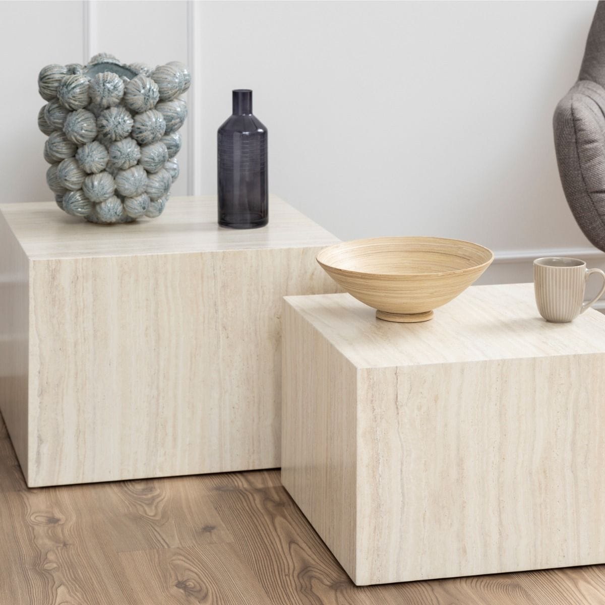 Coffee Table Dice Square Coffee Table Set in Light Travertine Effect
