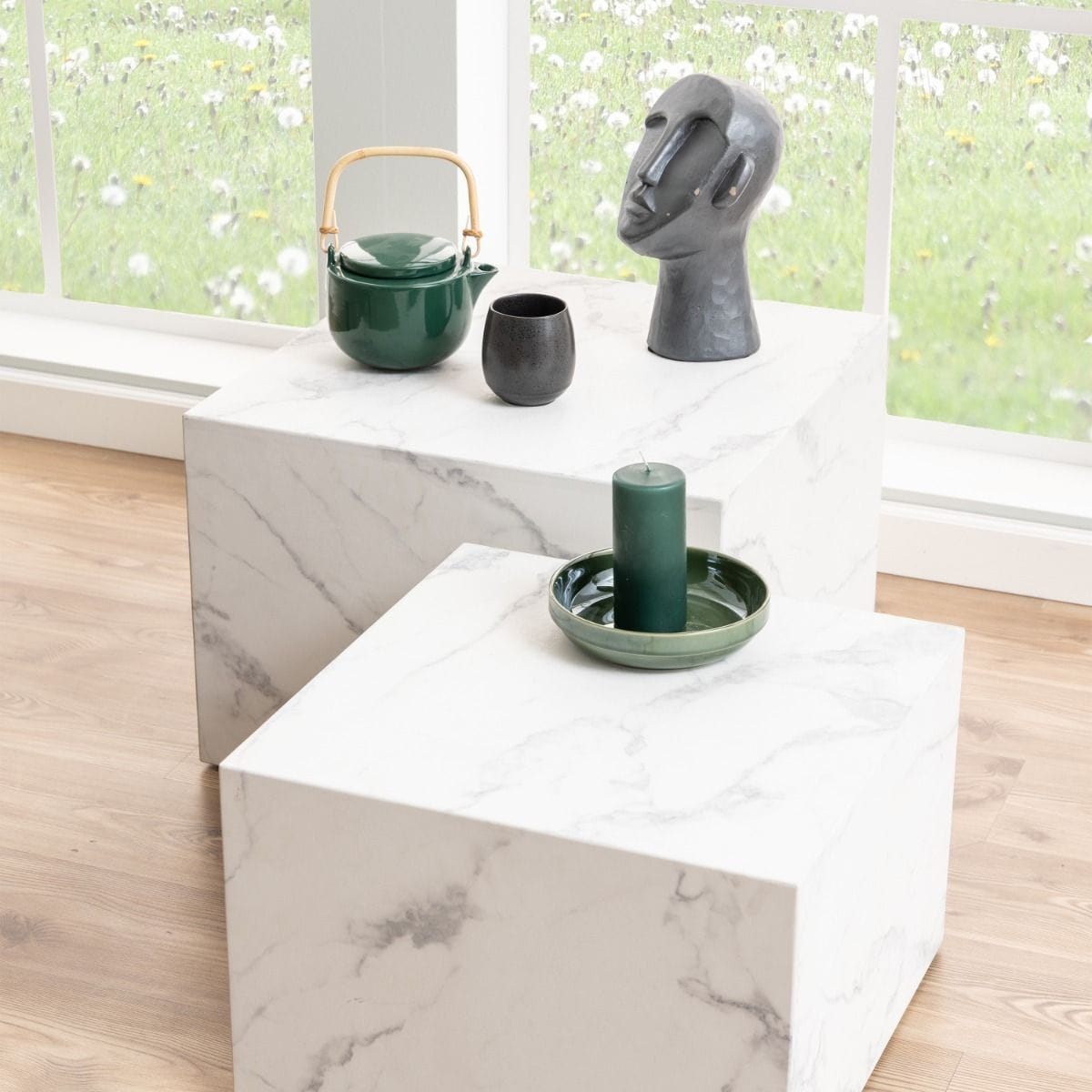 Coffee Table Dice Square Coffee Table Set in White Marble Carrara
