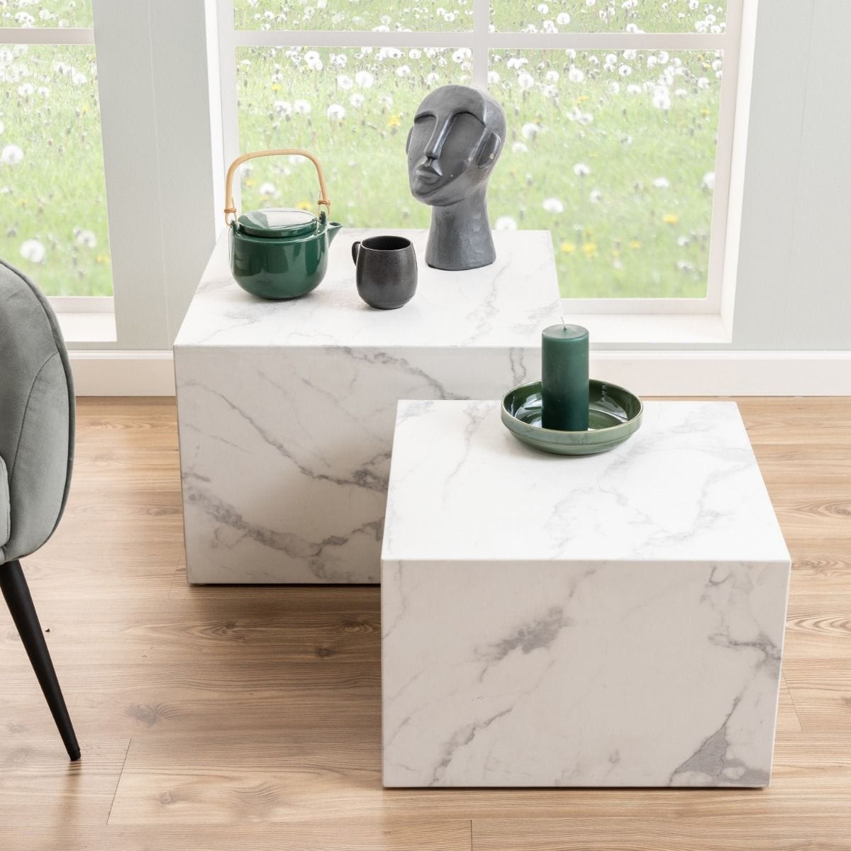 Coffee Table Dice Square Coffee Table Set in White Marble Carrara