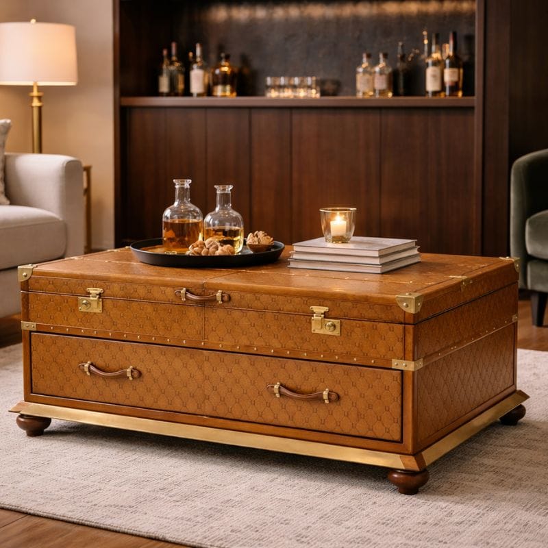 Coffee Table Handcrafted Leather Coffee Table With Drawer