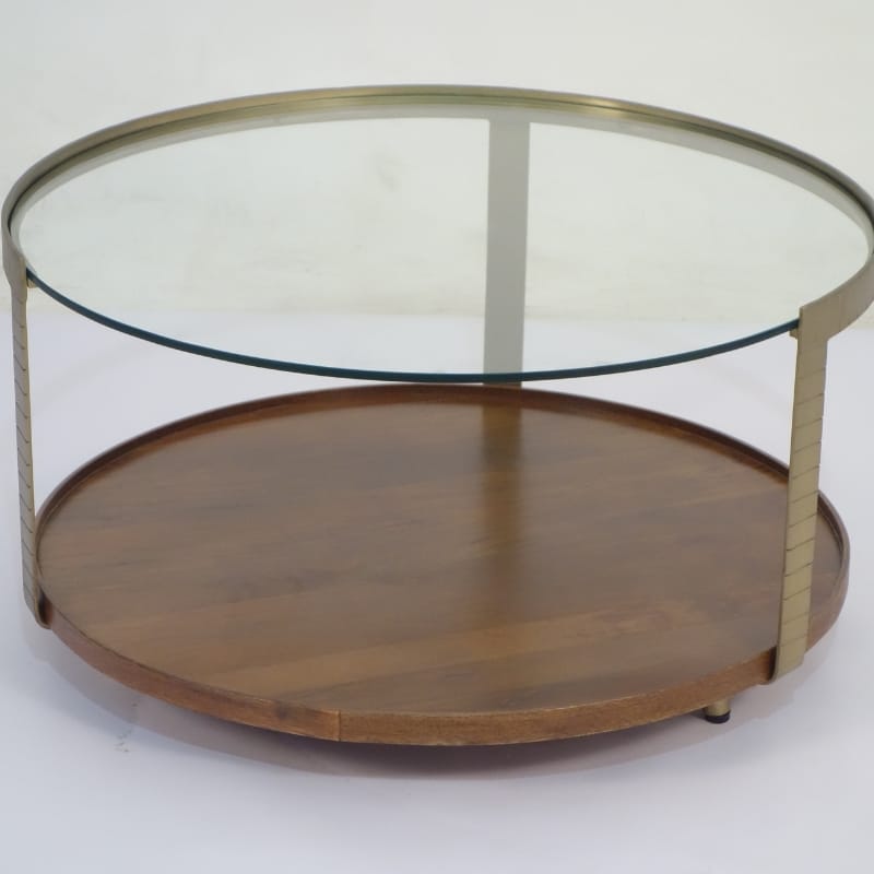 Coffee Table Rajpur Iron Round Glass & Wood Tray Coffee Table