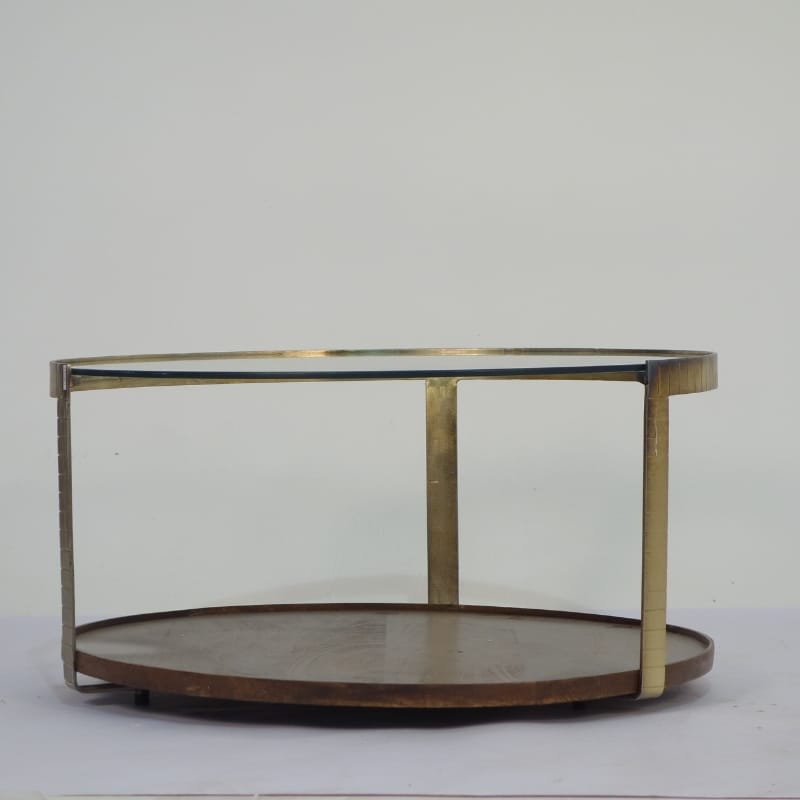 Coffee Table Rajpur Iron Round Glass & Wood Tray Coffee Table