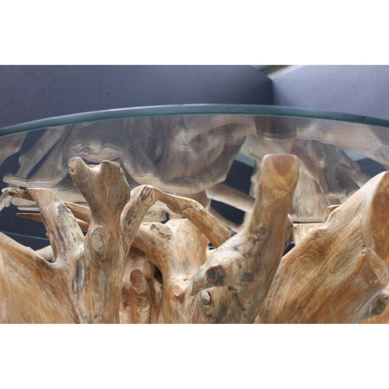 Dining Table Teak Root 1.1m Round Dining Table with Glass Top