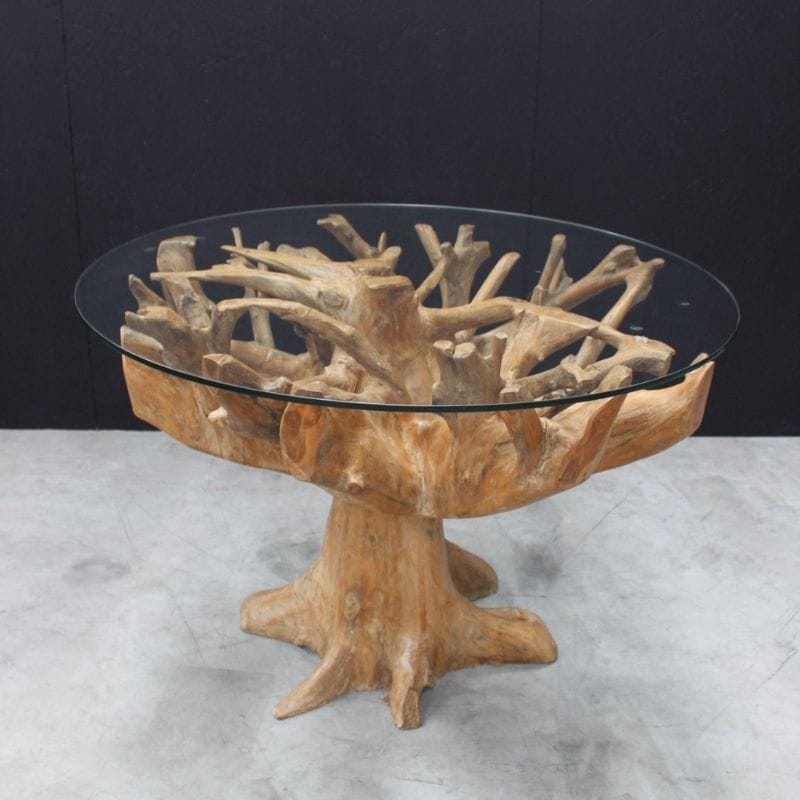 Dining Table Teak Root 1.1m Round Dining Table with Glass Top