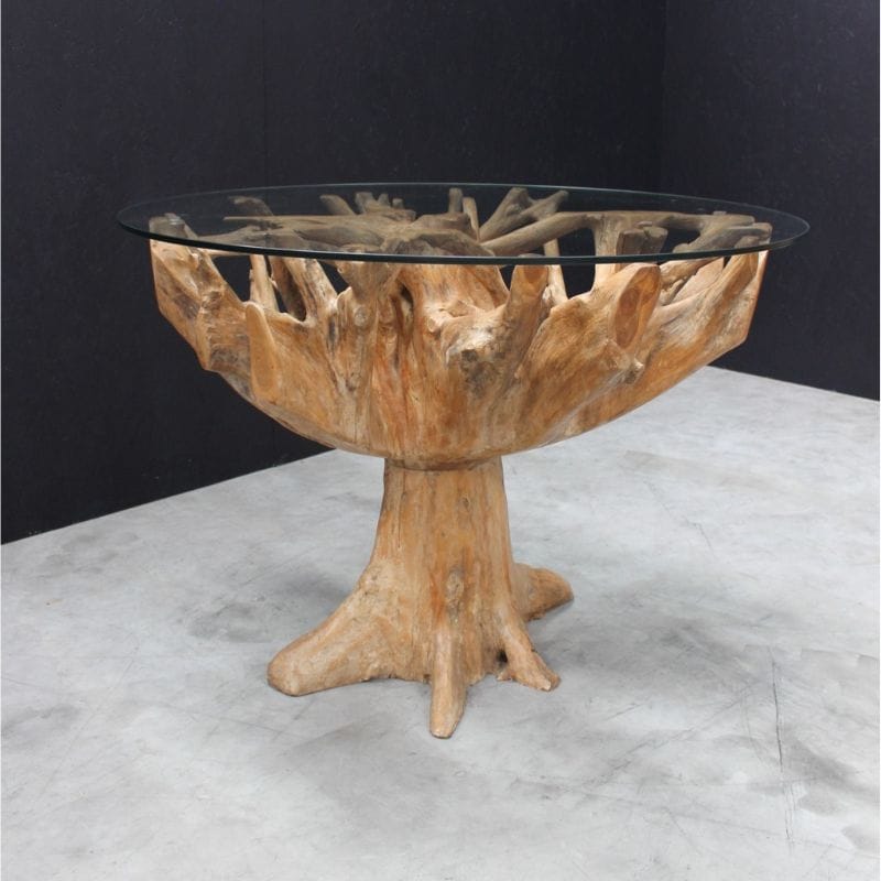 Dining Table Teak Root 1.1m Round Dining Table with Glass Top