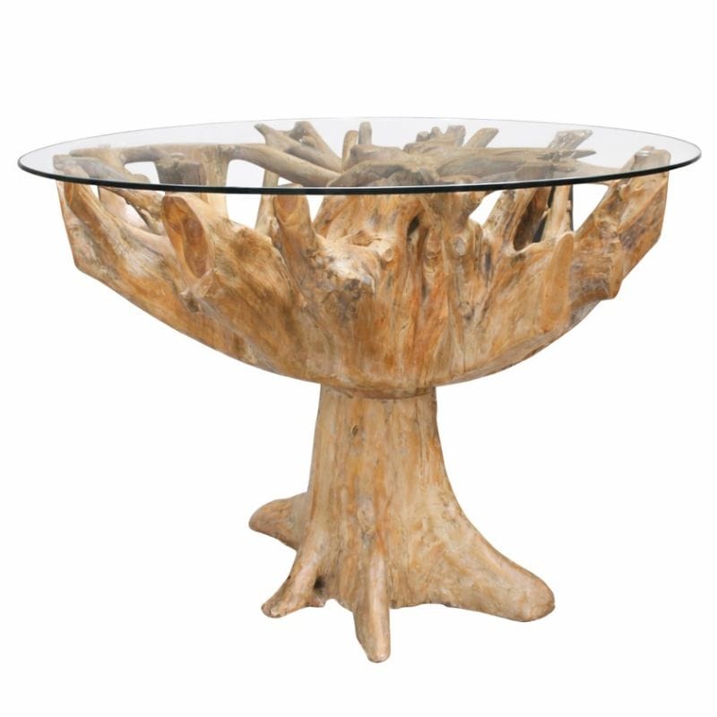 Dining Table Teak Root 1.1m Round Dining Table with Glass Top